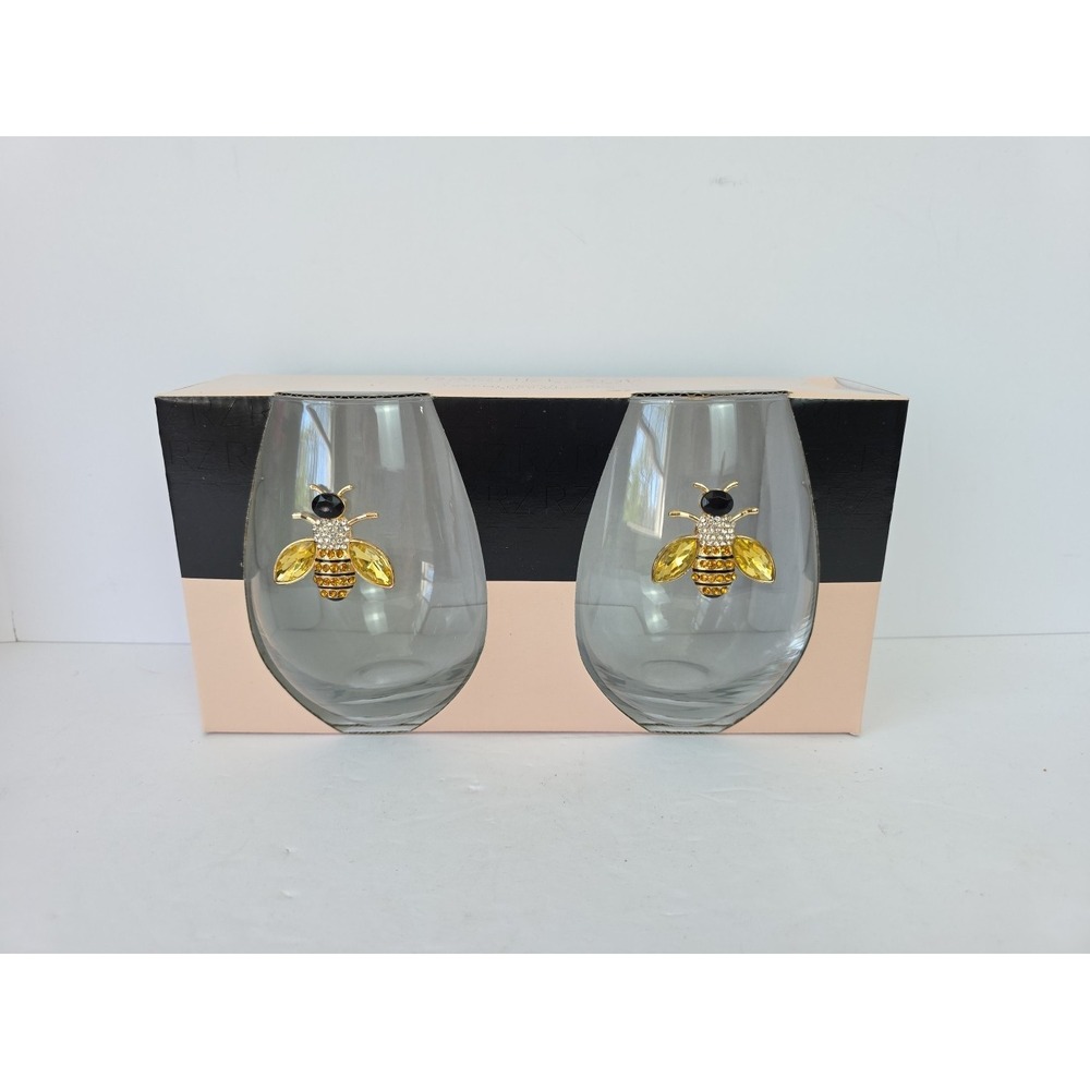 Rachel Zoe Set of 2 Jeweled Bee Rhinestone 19 Oz Stemless Wine Glasses Glass